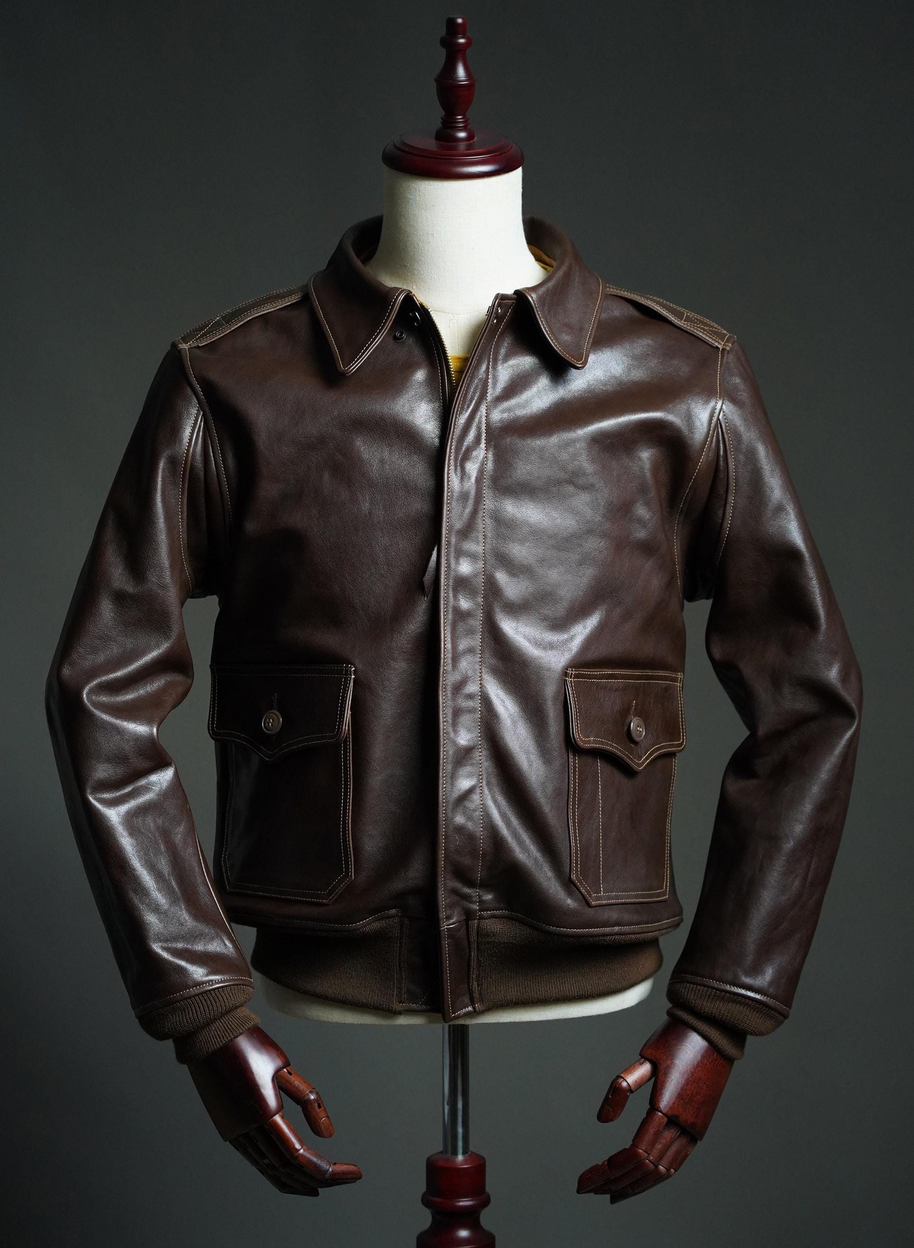 AN-J-3 Horsehide Flight Jacket, WWII Army Navy Reproduction, Chocolate Brown Leather Aviation Jacket, Vintage Military Bomber