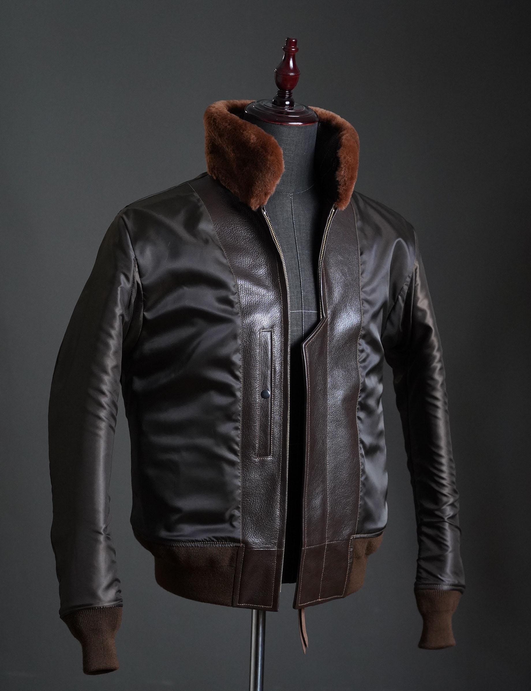 G-1 US Navy Flight Jacket, 55-J-14 Goatskin Leather Bomber, Shearling Collar Military Aviation Jacket