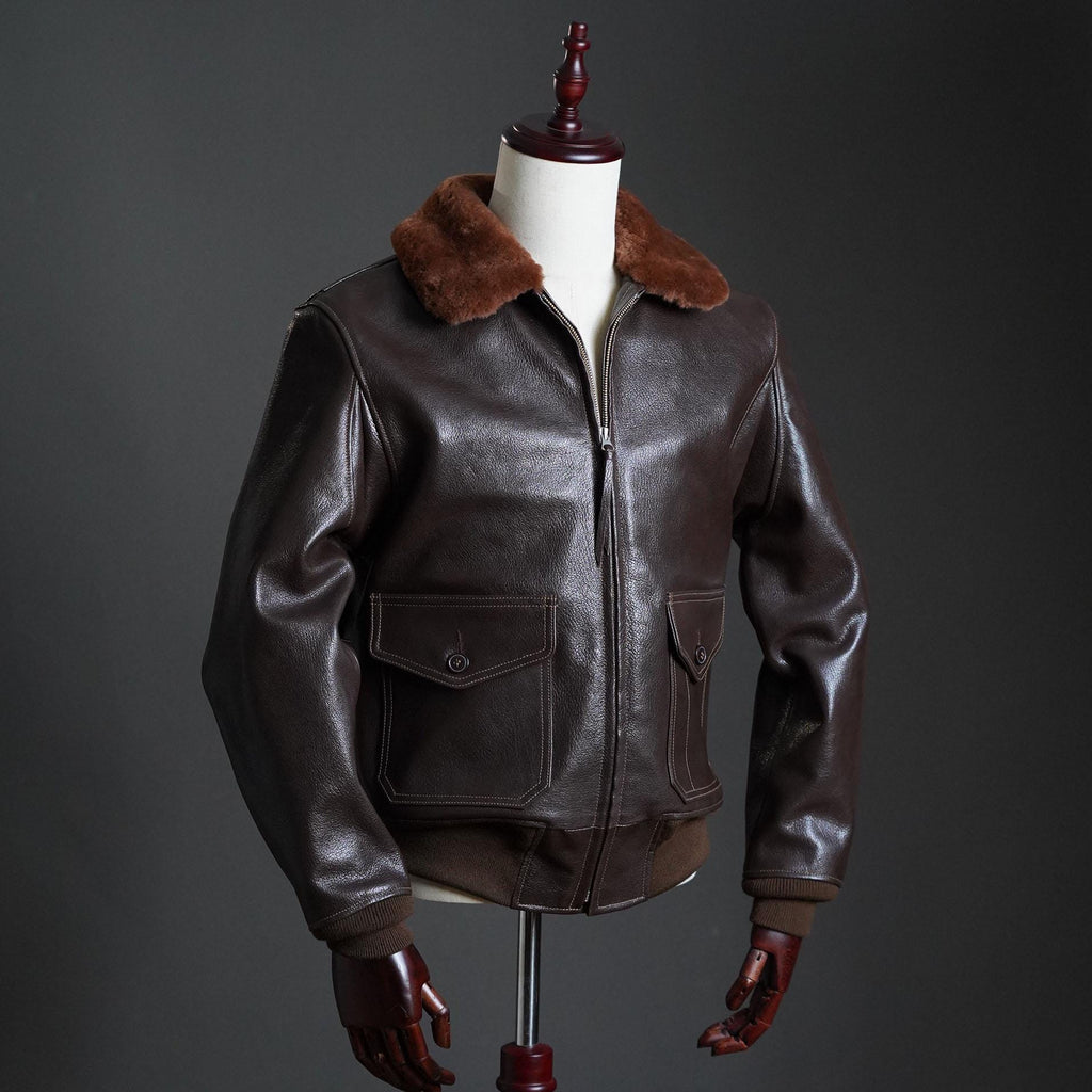 G-1 US Navy Flight Jacket, 55-J-14 Goatskin Leather Bomber, Shearling Collar Military Aviation Jacket