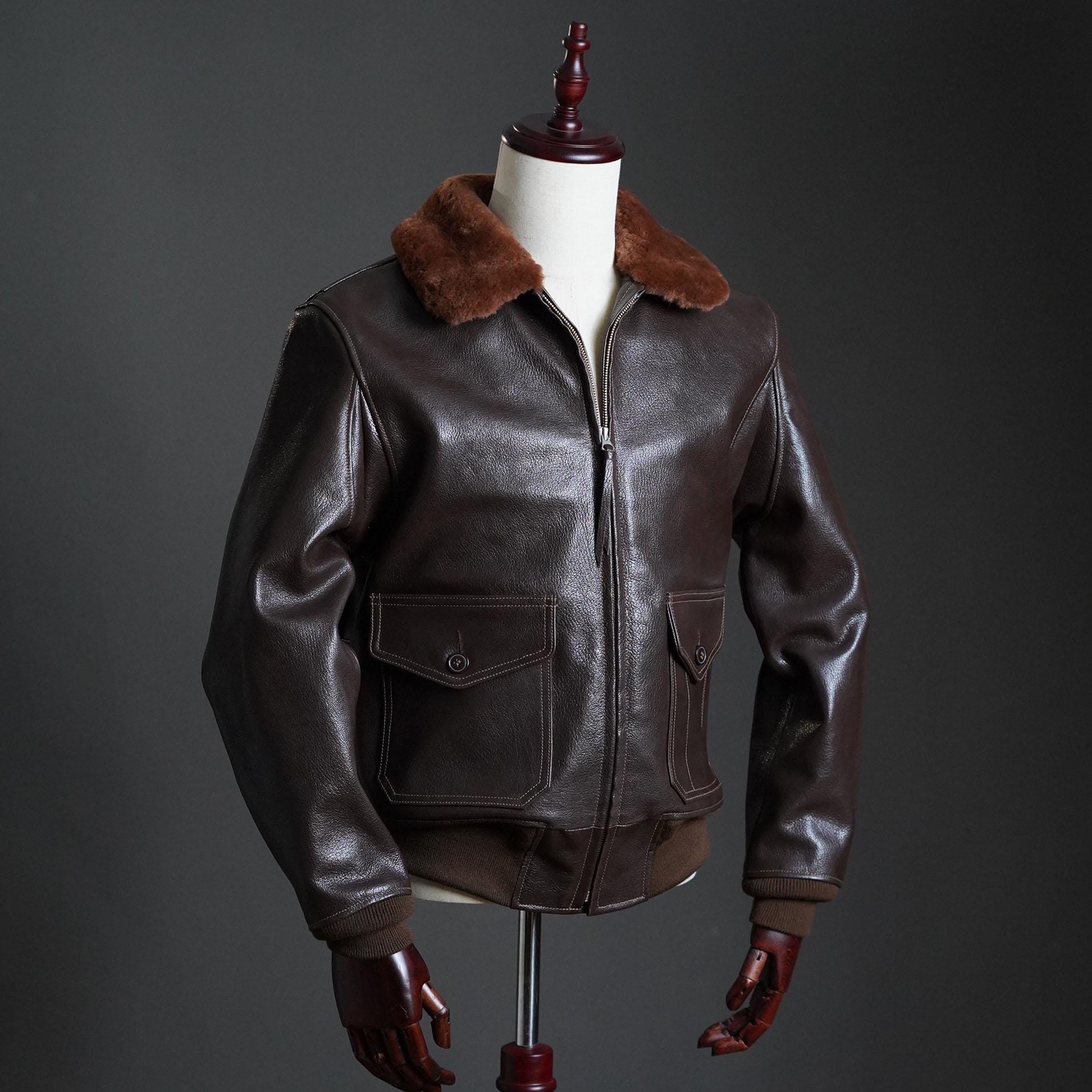 G-1 US Navy Flight Jacket, 55-J-14 Goatskin Leather Bomber, Shearling Collar Military Aviation Jacket